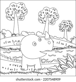 Cute Little Rhino Play Around Swamp.  Creative Vector Childish Design For Kids Activity Colouring Book Or Page.