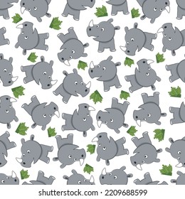 Cute Little Rhino Play Around Swamp. Design Concept For Kids Textile Print, Nursery Wallpaper, Wrapping Paper. Cute Funny Background.