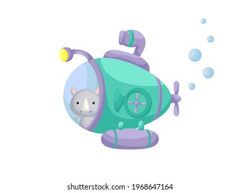 Cute little rhino sail on emerald submarine. Cartoon character for childrens book, album, baby shower, greeting card, party invitation, house interior. Vector stock illustration.