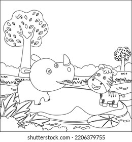 Cute Little Rhino And Zebra Play Around Swamp.  Creative Vector Childish Design For Kids Activity Colouring Book Or Page.