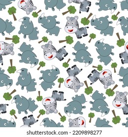 cute little rhino and zebra play around swamp. Design concept for kids textile print, nursery wallpaper, wrapping paper. Cute funny background.