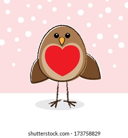 Cute little Robin with a large red heart on it's breast on pink background with snow