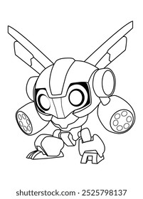 Pequeño robot lindo con pistolas en lugar de manos. Dibujo para colorear para niños. Ilustración vectorial