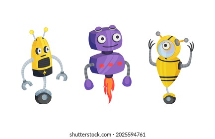 Cute Little Robot with Metal Parts Vector Set