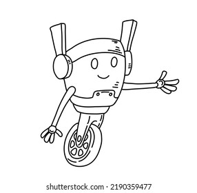Cute little robot on a wheel doodle drawing. Coloring illustration for kids. Handdrawn design element.