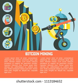 A cute little robot with a pickaxe is mining bitcoins. Mountains with bitcoins. Bitcoin mining. Vector conceptual illustration. Cryptocurrency.