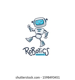 cute little robot for your robotic lessons and sducational program, vector logo template with lettering composition