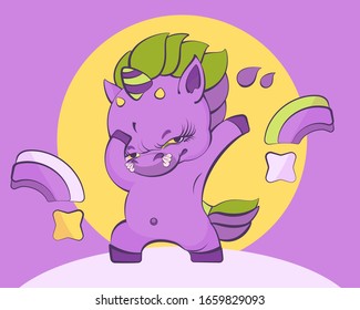 Cute little rock devil unicorn at yellow moon