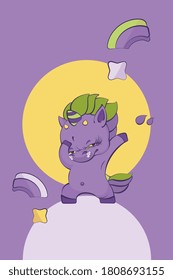 Cute little rock devil unicorn at yellow moon