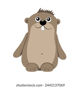 Cute little rodent animal. Brown plush beaver. Flat cartoon style. Hand-drawn vector illustration on a white background for printing on clothes, card design, banner, children's room interior.