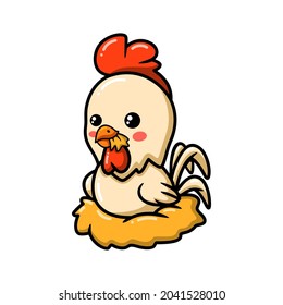 Cute little rooster cartoon sitting in a nest