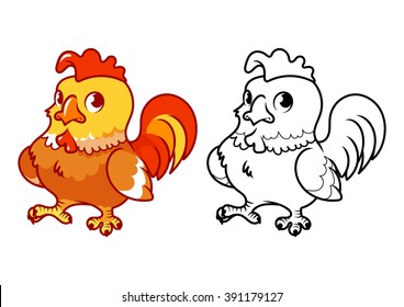 Cute little rooster. Vector cock. Cartoon vector character isolated on a white background with black outline. Cute cock for coloring book.