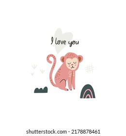 Cute little rose monkey. Vector character in handdrawn style. Card, poster composition design. Kids concept illustration. I love you lettering.