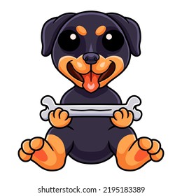 Cute little rottweiler dog cartoon holding a bone