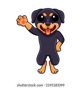 Cute little rottweiler dog cartoon waving  hand
