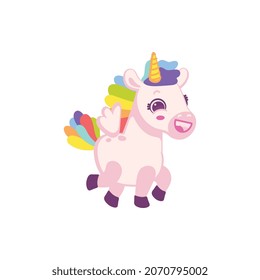 Cute little running unicorn tiny horse, flat vector illustration isolated on white background. Creative image of fantasy unicorn animal with rainbow mane.