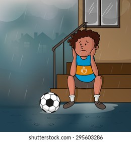 Cute Little Sad Boy Sitting At Stairs With Soccer Ball In A Rainy Day For Mossoon Season Concept. 