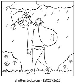 Cute little sad gnome is walking with his sack in the rain, vector image, outline for the color page