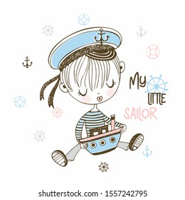 Cute little sailor boy in cap with toy boat. Vector.