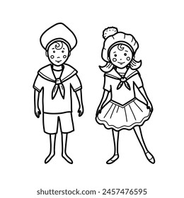 Cute little sailor boy and girl in a marine suit. Vector nautical illustration for children in doodle style. Hand drawn on a white background.