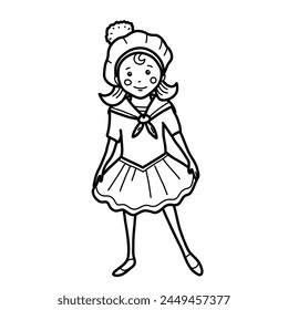 Cute little sailor girl in a marine dress. Vector nautical illustration for children in doodle style. Hand drawn on white background.
