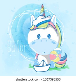 cute little sailor unicorn on blue background. Can be used for baby t-shirt print, fashion print design, kids wear, baby shower celebration greeting and invitation card. - Vector