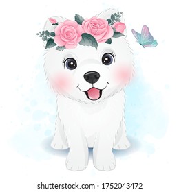 Cute little Samoyed with floral illustration