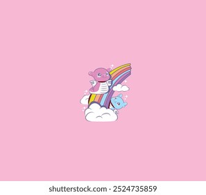 Lindos dulces de SANKE. ARCO IRIS, y dulce. Pegatinas de dibujos animados, diseño de personajes animales Vector ordenado conjunto aislado. Colección estilo Kawaii.