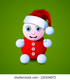 Cute little Santa baby character is sitting on green background