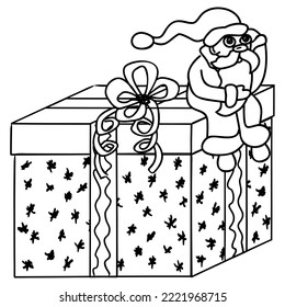 Cute little Santa Claus is sitting astride a big gift box with a bow with a thoughtful puzzled face. Black and white outline vector illustration for children coloring page