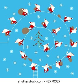 a lot of cute little santa clauses walking to a christmas tree