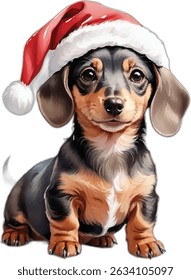 Cute little Santa dachshund puppy on Christmas Day