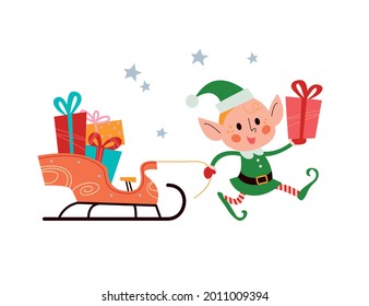 Cute little Santa elf character with sleigh full of gift boxes and presents isolated. Vector flat cartoon illustration. For Christmas card, pattern, banner, sticker, tag etc.
