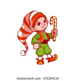 Cute little Santa's helper with candy. Vector cartoon character isolated on a white background.
