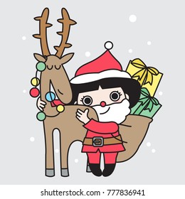 Cute Little Santy Hugging Reindeer. Concept Of Christmas Character illustration