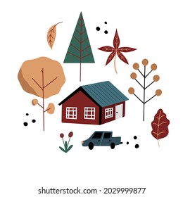 Cute little scandinavian house with car and autumn trees doodle vector illustration