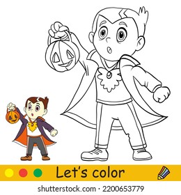 Cute little scared vampire boy and pumpkin lantern  Halloween concept  Coloring book page for children and colorful template  Vector cartoon illustration  For print  preschool education   game
