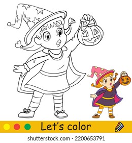 Cute little scared witch and pumpkin lantern  Halloween concept  Coloring book page for children and colorful template  Vector cartoon illustration  For print  preschool education   game