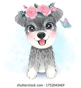 Cute Little Schnauzer With Floral Illustration