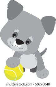 A cute little schnauzer puppy with a big head looking curious with his paw on a tennis ball