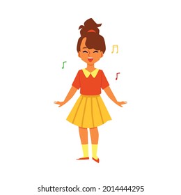 Cute little school age girl singing, flat vector illustration isolated on white background. Kid singer cartoon character an element for vocal school or children karaoke.