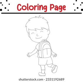 Cute little school boy cartoon with a bag. Vector illustration coloring page