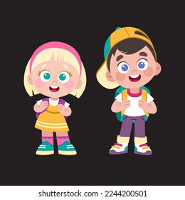 Cute little school boy and school girl with backpacks. Vector cartoon character with 1 September and school theme. Smiling children in casual clothes.