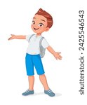 Cute little school boy greeting with wide open arms. Cartoon vector illustration isolated on white background.
