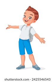 Cute little school boy greeting with wide open arms. Cartoon vector illustration isolated on white background.