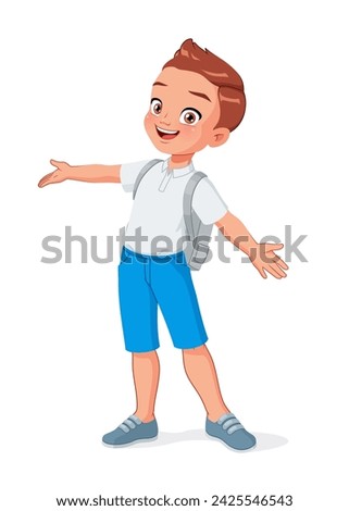 Cute little school boy greeting with wide open arms. Cartoon vector illustration isolated on white background.