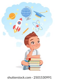 Cute little school boy with a stack of books dreaming of a career in science. Cartoon vector illustration isolated on white background.