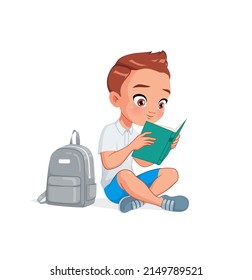 Cute little school boy in uniform reading an interesting book while sitting on the floor. Cartoon vector illustration isolated on white background.