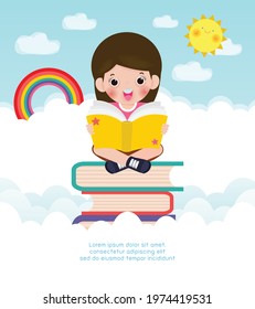 cute little school children sitting and reading a book on stack of books High in the sky, happy pupil reading a book at a top of a books heap, kids back to school Flat Vector Illustration background