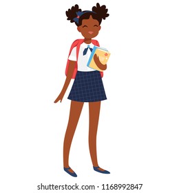 Cute little school girl with backpack and books. Cartoon character. Isolated vector illustration